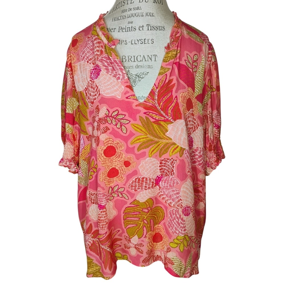 Spartina 449 Eirene Blouse Callawassie Flowers Pink Smocked Ruffled Size XXL